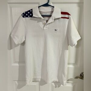 Men's White Vineyard Vines Polo Shirt with American Flag Detail-Previously worn